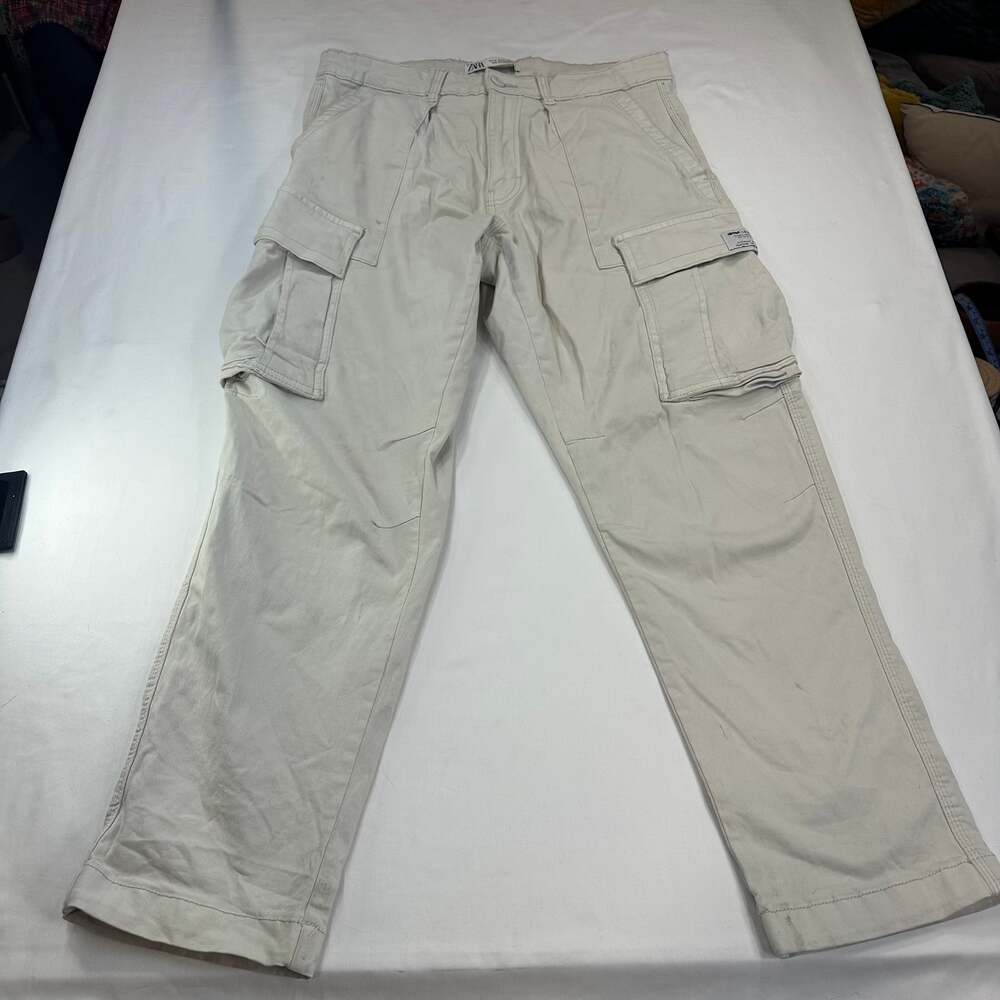 Zara Man Ecru Cotton Cargo Fit Cropped Cargo Trousers Size 31